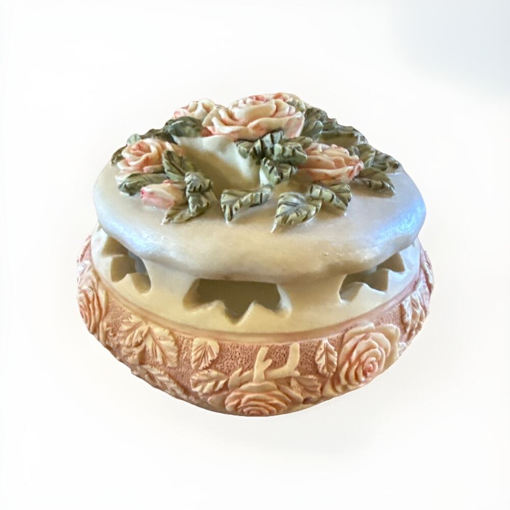 Vintage Cottagecore Rose Potpourri Jar Hand Cast Floral Resin Trinket Box